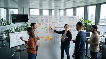 An engineering team analyzing interface requirements and project scope on a whiteboard