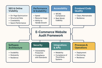 A flowchart diagram titled “E-Commerce Website Audit Framework.” In the center is the title box, surrounded by eight colored boxes: SEO & Online Visibility (on-page optimization, structured data, crawlability, search performance), Performance & Scalability (speed, resource usage, ability to handle growth), Accessibility (WCAG compliance, real-world usability), Frontend Code Quality (clean, maintainable, resilience), Software Architecture (scalability, modularity, resilience), Security (vulnerability protection, compliance with standards), Integrations & APIs (reliability, compliance of third-party systems), and Processes & Operations (deployment, monitoring, resilience).