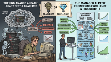 A split illustration comparing 'Unmanaged AI' vs 'Managed AI.' Left: A tired developer in a messy office with 'Rat's Nest' code and 'Brain Rot.' Right: A smiling developer at a clean standing desk using structured 'Quality Pipelines,' 'AI Agents,' and 'Sprints' for 'Engineering Excellence.'