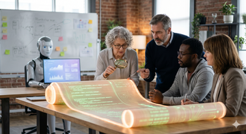 Collaborative workspace, group of senior developers inspect a large glowing code scroll with a magnifying glass, AI agent in the background, professional and calm atmosphere. 