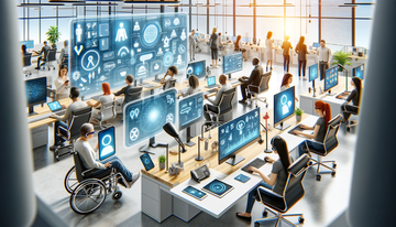 This image depicts a modern digital workplace with a diverse group of people using various accessible technologies. This includes people with disabilities using assistive devices and others interacting with AI-powered tools.