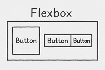 Hand-drawn style sketch of a horizontal navigation bar with three buttons side by side, labeled as buttons, showing Flexbox layout.