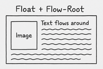 Hand-drawn style sketch showing an image box on the left and wavy lines of text flowing around it, illustrating float and flow-root.