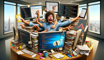A funny picture of a full stack engineer trying to do many things at once in a messy office.